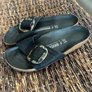 Classy? Birkenstock Madrid Sandals Black Tortoise shell Big Buckle Size 10.5 Med